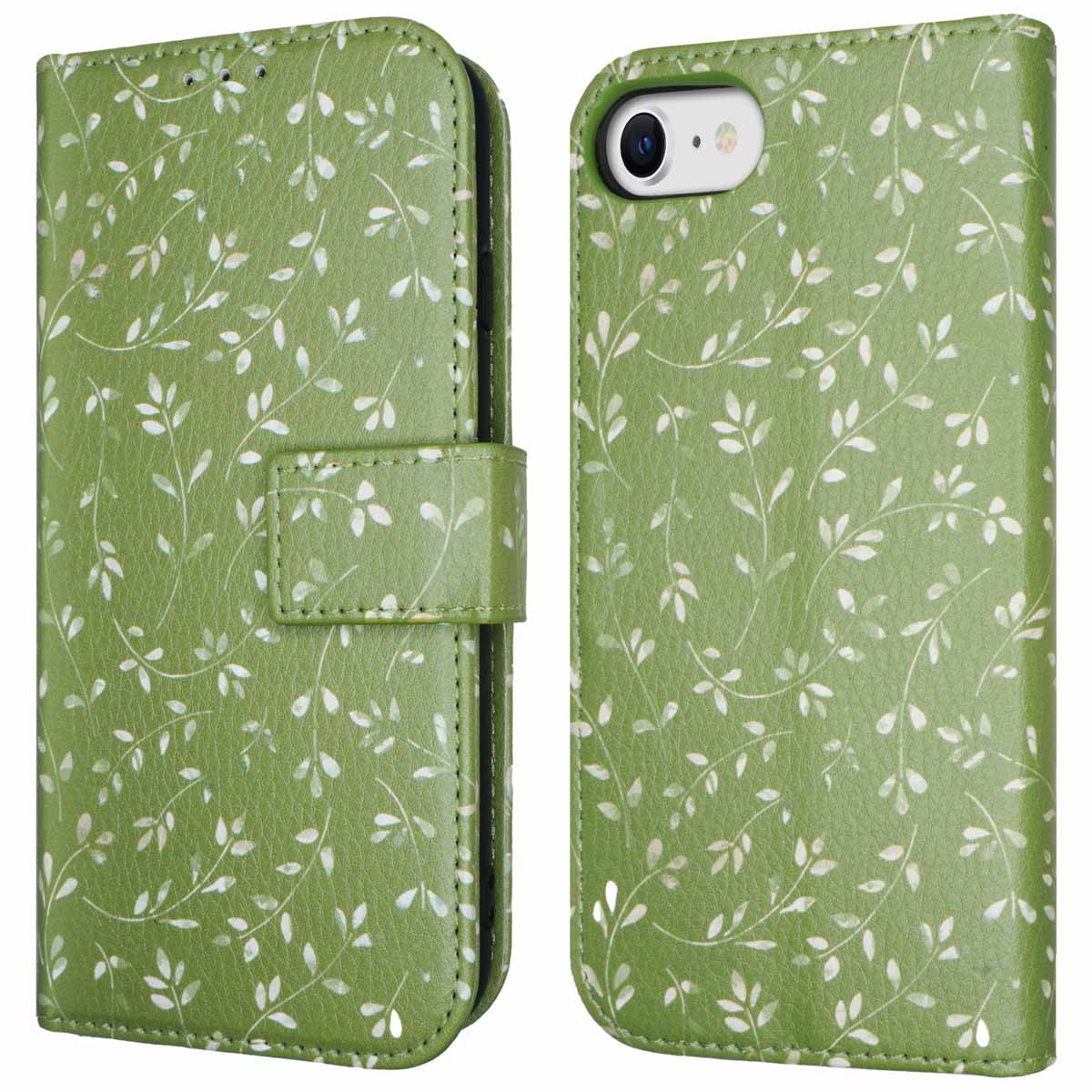Twee kanten van een groene telefoonhoes met wit bladerpatroon. De hoes is open.