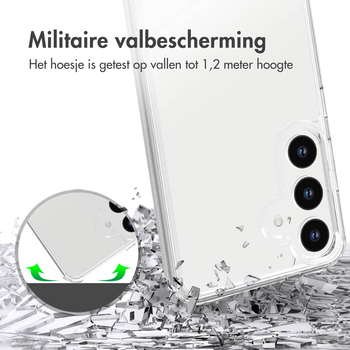 Eine transparente Handyhülle wird gezeigt, mit einem zerbrochenen Glaseffekt. Der Hintergrund ist weiß.