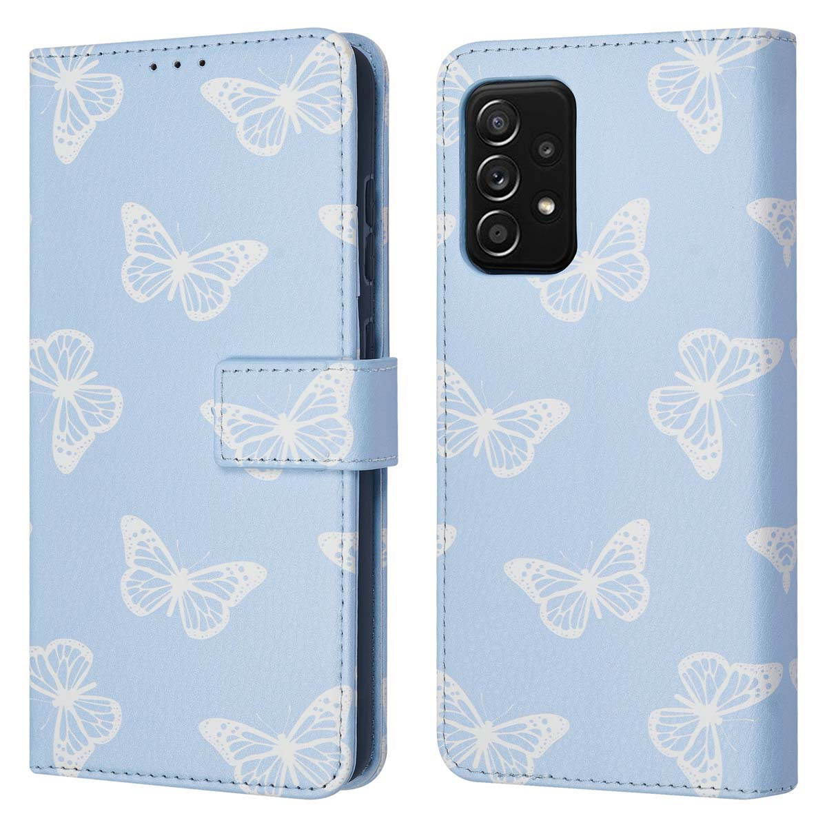 Lichtblauwe telefoonhoes met witte vlinders en cameramodule.