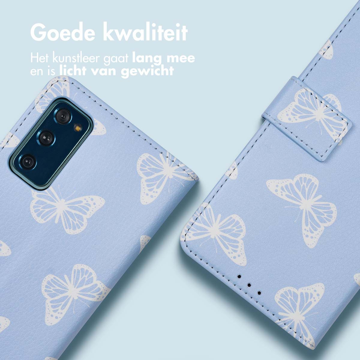Coque de téléphone bleue avec motif de papillons, ouverte. Montre le téléphone et le couvercle ouvert.