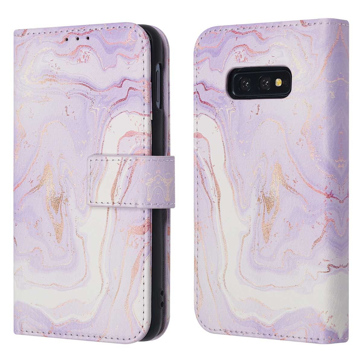 Étui de téléphone ouvert, avec un motif marbré violet et doré. Vues gauche et droite.