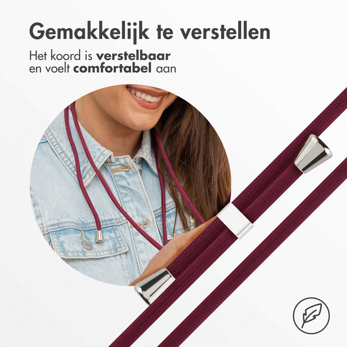 Close-up van een telefoonriem. De riem is verstelbaar en comfortabel.