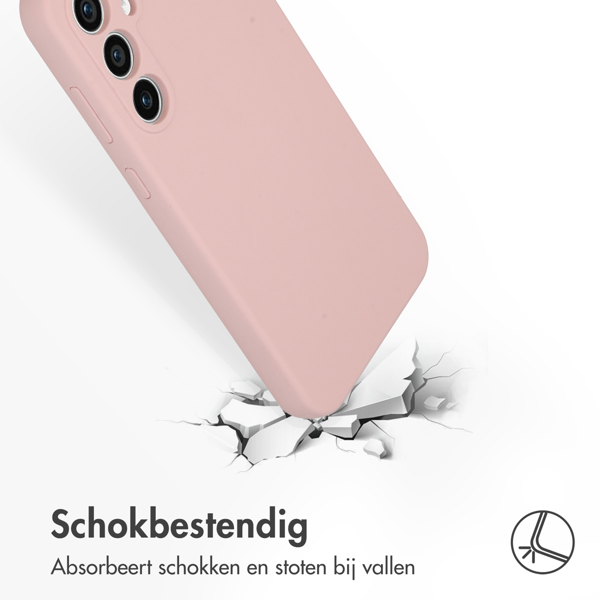Een roze telefoonhoesje valt op een oppervlak, waardoor het barst.