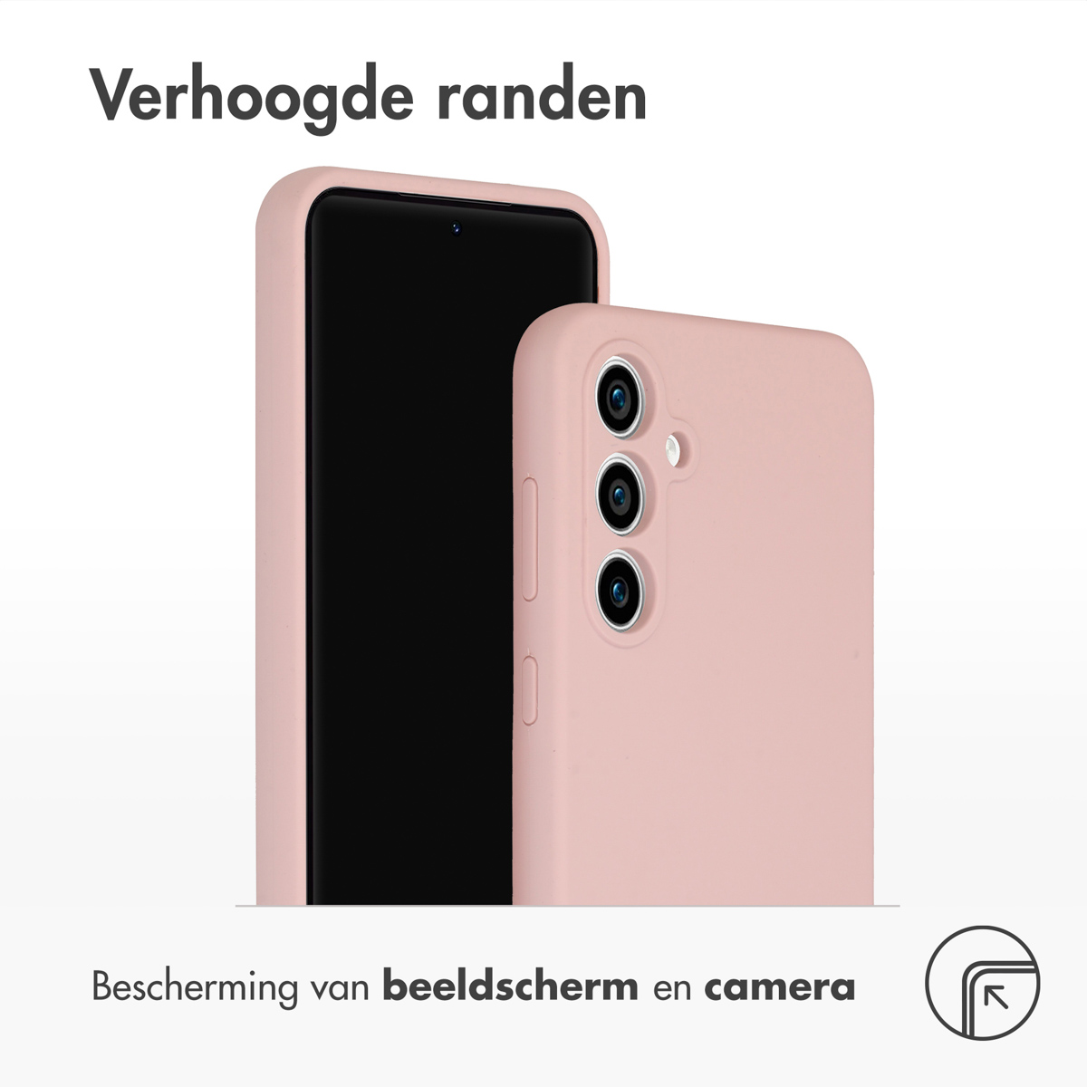 Twee roze telefoonhoesjes, de ene op de andere. De tekst zegt: verhoogde randen.