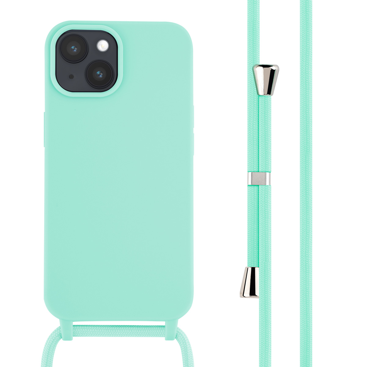 Eine mintgrüne Handyhülle mit einem mintgrünen Kordel. Das Telefon ist sichtbar.