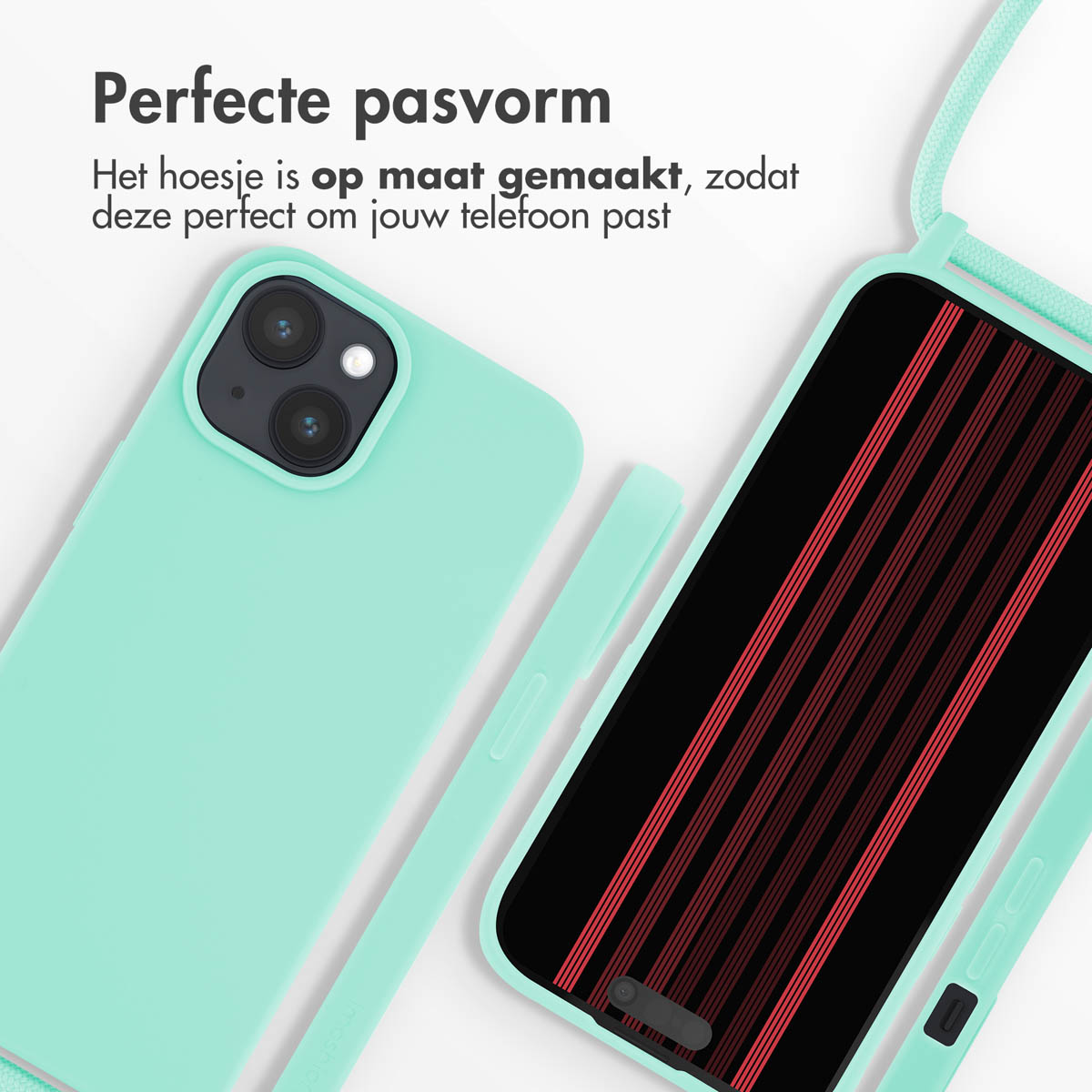 Ein mintgrünes Handycover und ein Handy mit rotem Streifenmuster auf schwarzem Hintergrund.