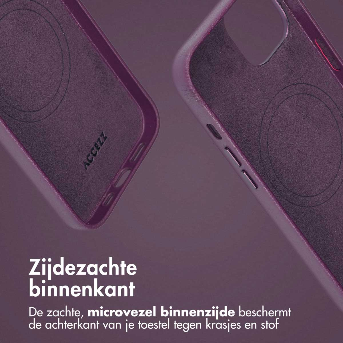 Een close-up van een telefoonhoes met een zacht, microvezel interieur.
