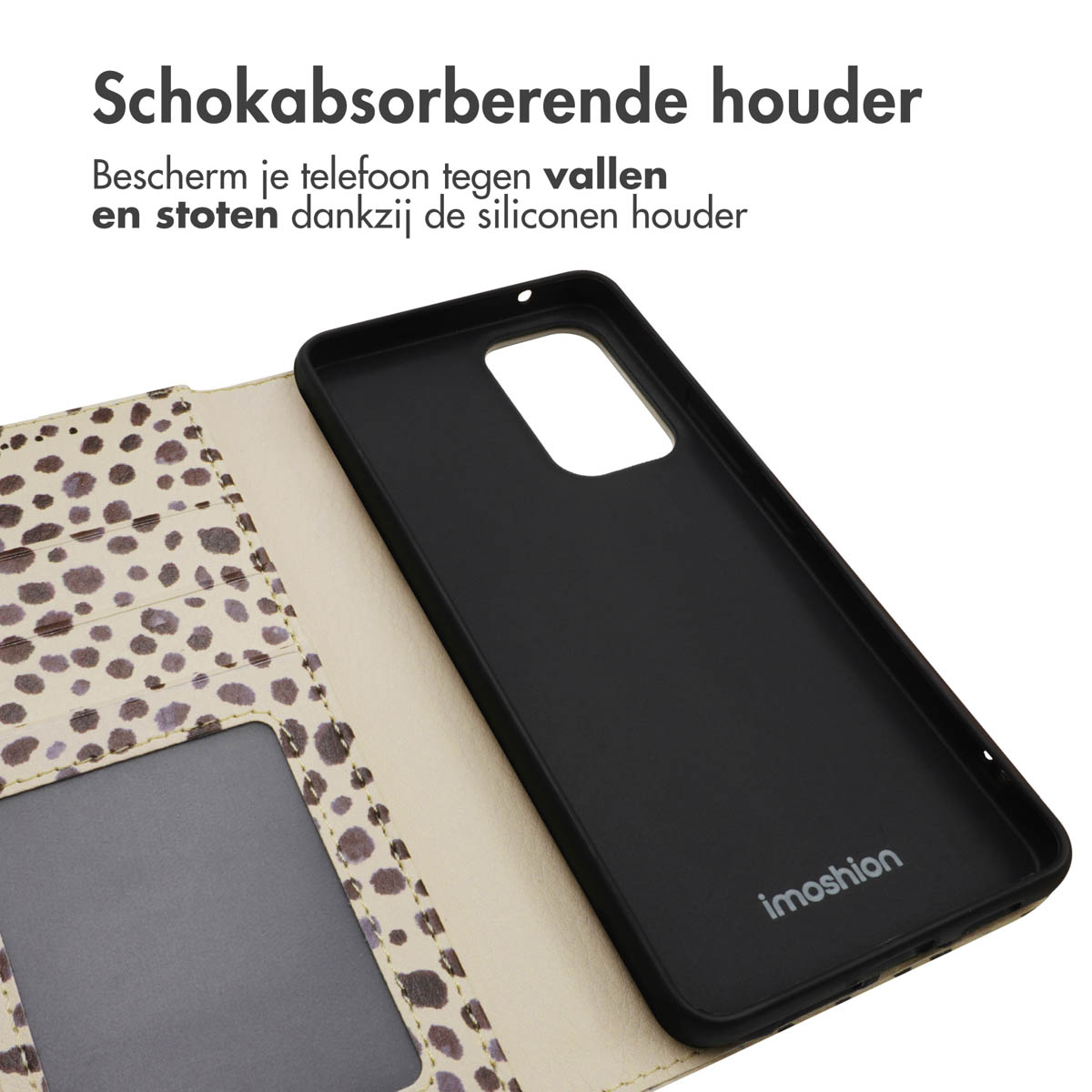 Zwarte telefoonhoes met luipaardprint flip cover. Schokabsorberend.