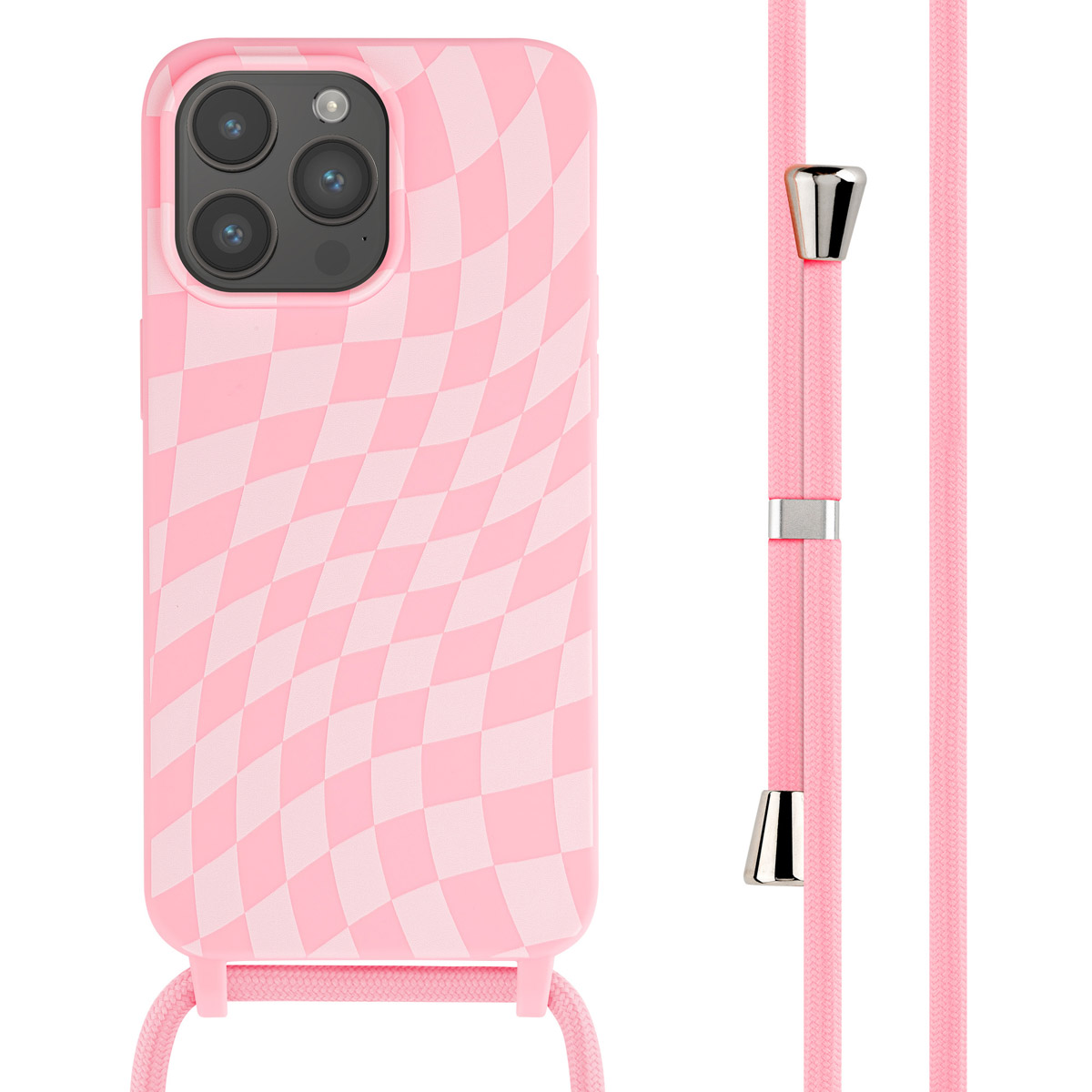 Coque de téléphone rose à motif damier, sangle rose assortie avec éléments argentés, le tout sur fond blanc.