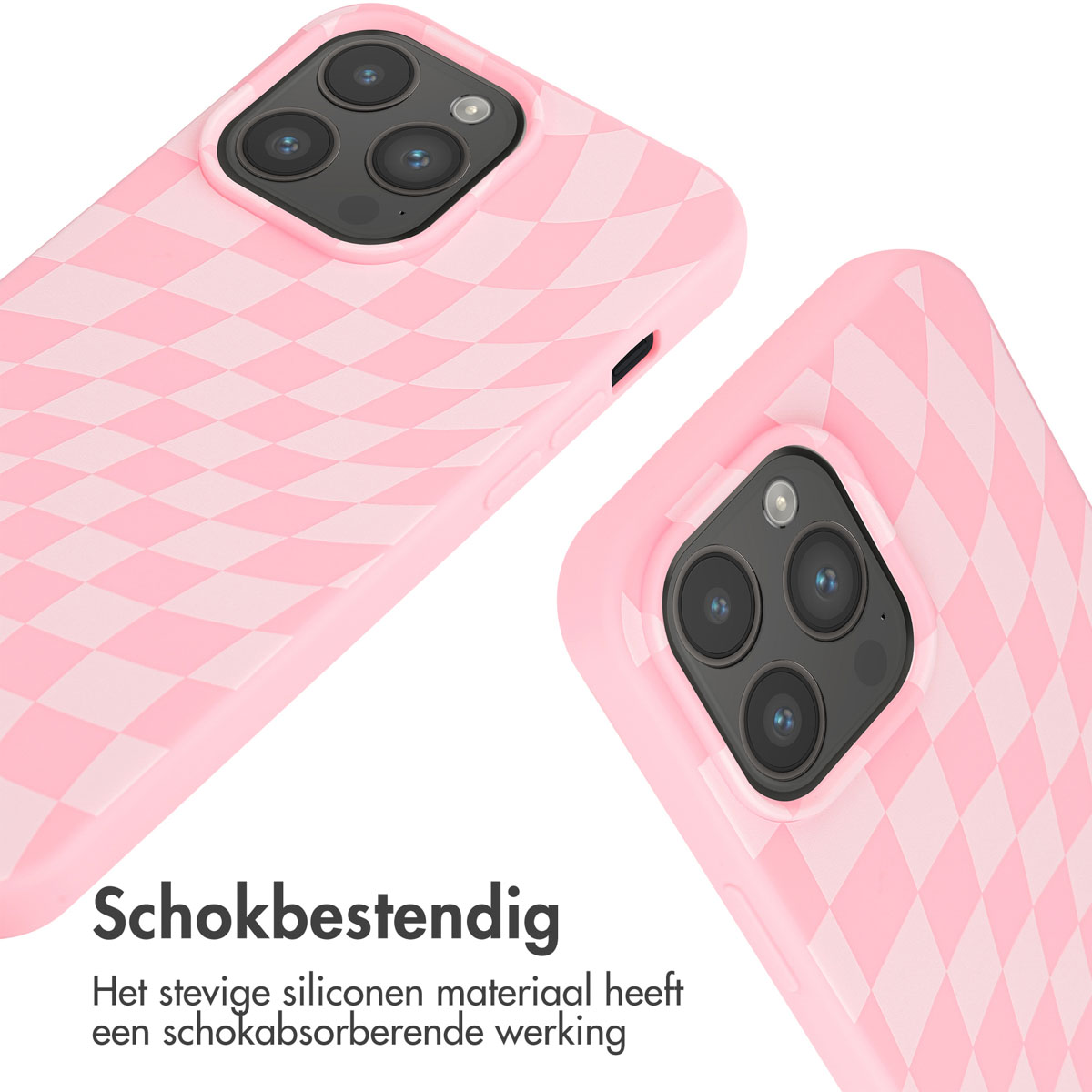 Deux coques de téléphone roses à motif losange, une au premier plan, une à l'arrière.