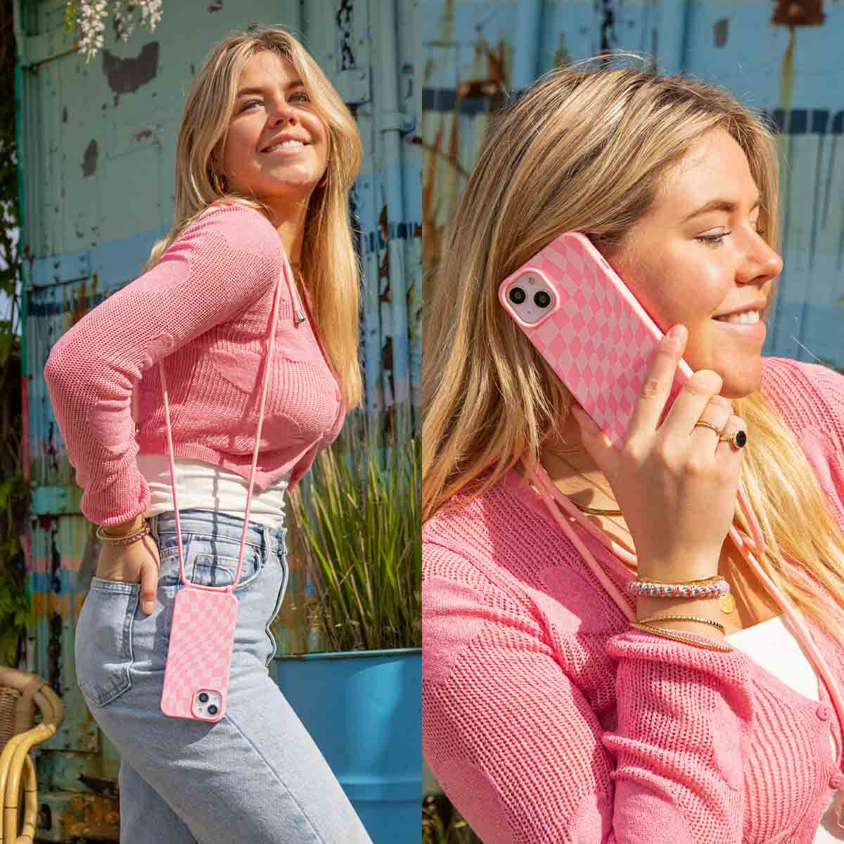 Blonde Frau mit pinkfarbener Handyhülle. Sie trägt ein pinkfarbenes Oberteil und blaue Jeans mit passendem Riemen.