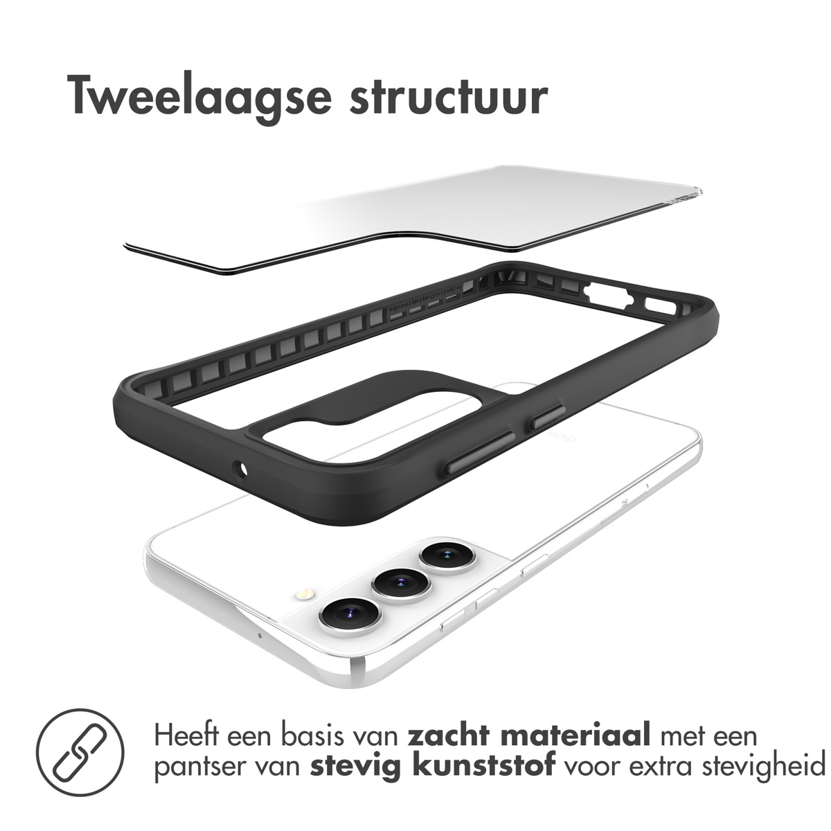 Une vue éclatée d'une coque de téléphone. Les couches sont le téléphone, un cadre et une couverture transparente.