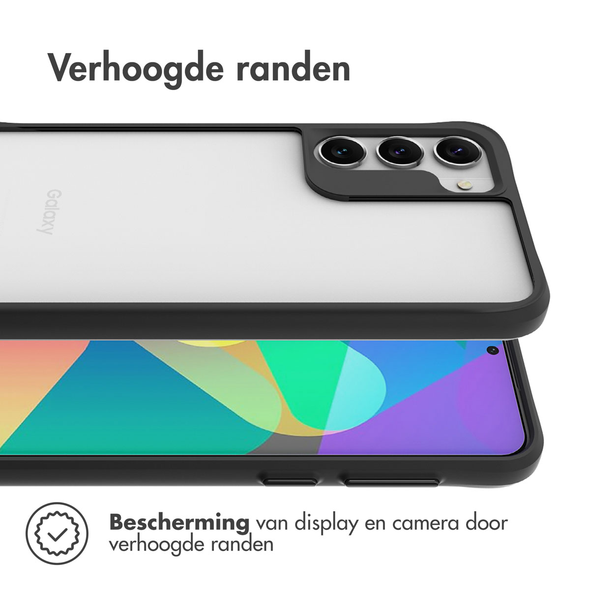 Un smartphone avec un bord de protection noir, protégeant l'écran et l'appareil photo.
