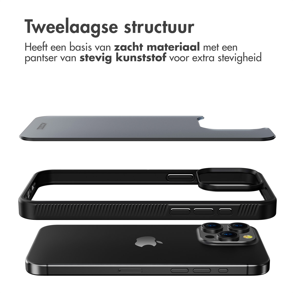 L'immagine mostra un iPhone, una custodia protettiva e una protezione per lo schermo. La custodia è nera e il telefono nero con bordo argentato.