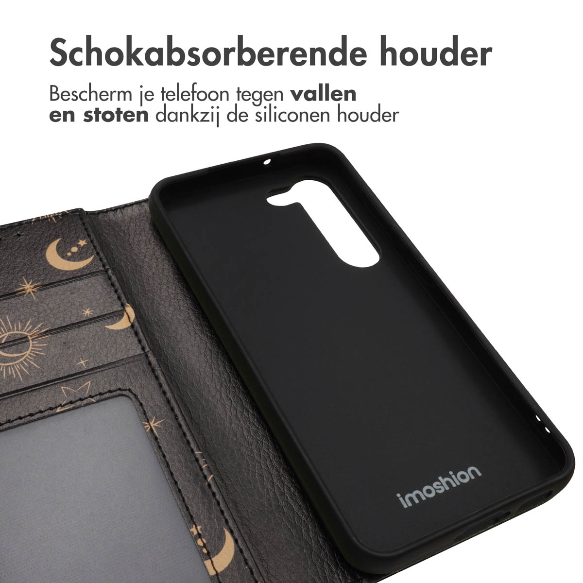 Zwarte telefoonhoes met zon- en maanpatroon, binnenste zwarte inzet.