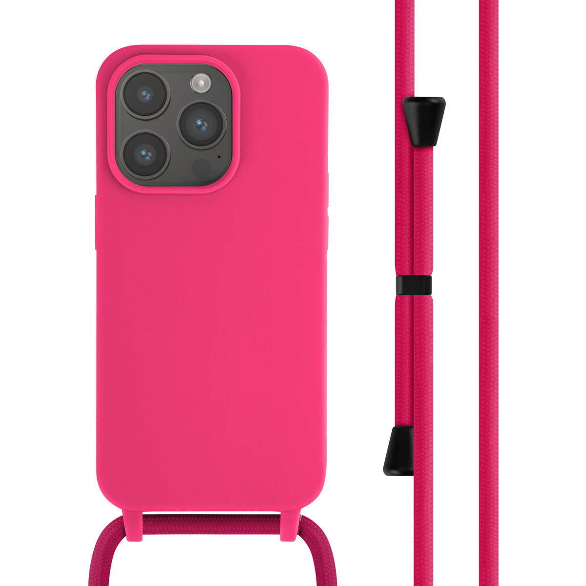 Een roze telefoonhoes met een roze koord. De telefoonhoes zit aan de linkerkant.