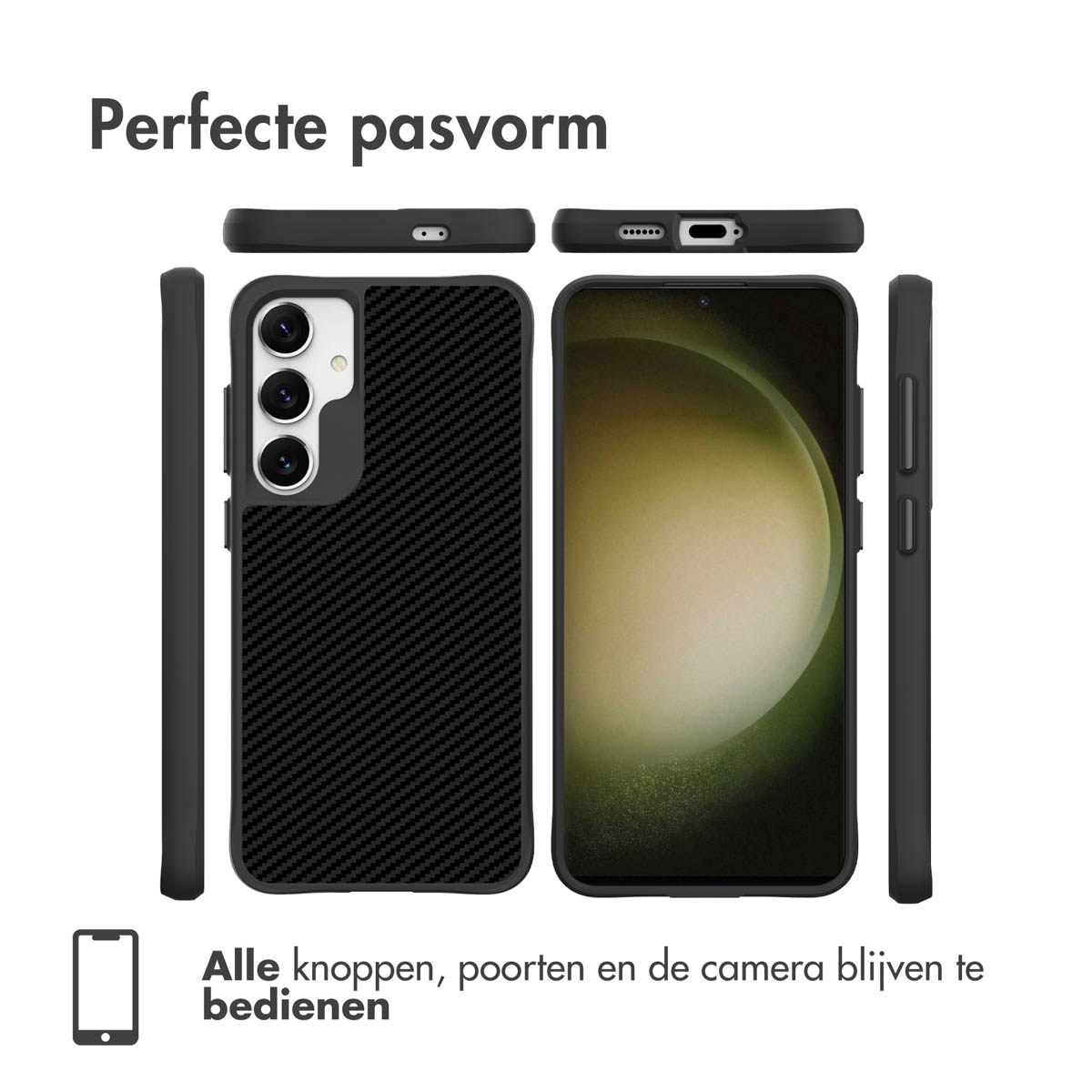 Custodia nera per telefono con motivo in carbonio, vista frontale, posteriore e laterale.