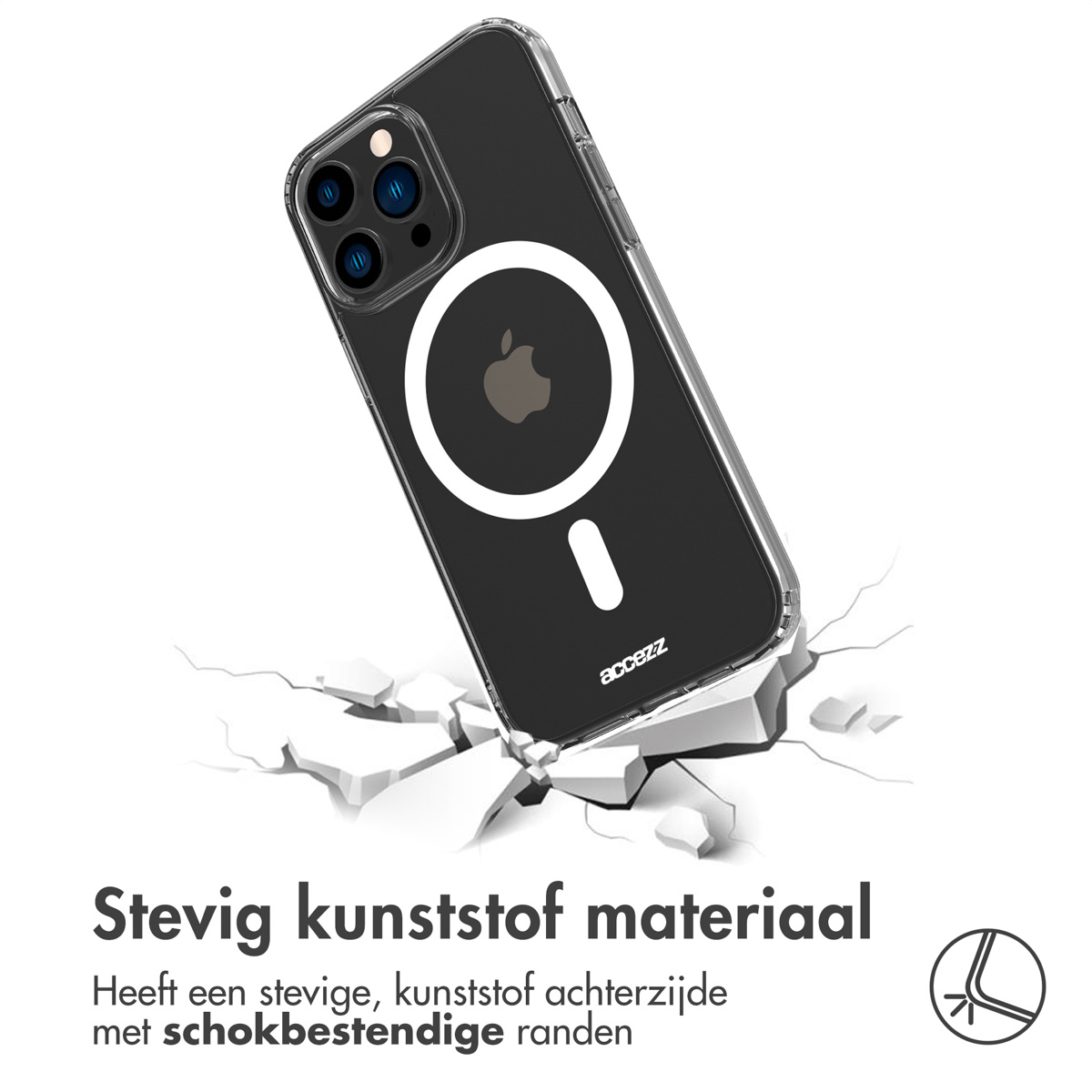 Una custodia trasparente per telefono cade su una superficie bianca incrinata. Logo Apple visibile.