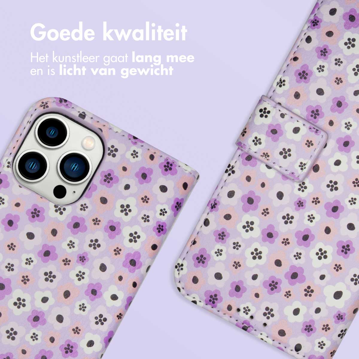 Paarse telefoonhoes met bloemenprint, close-up camera en sluiting. Lila achtergrond.