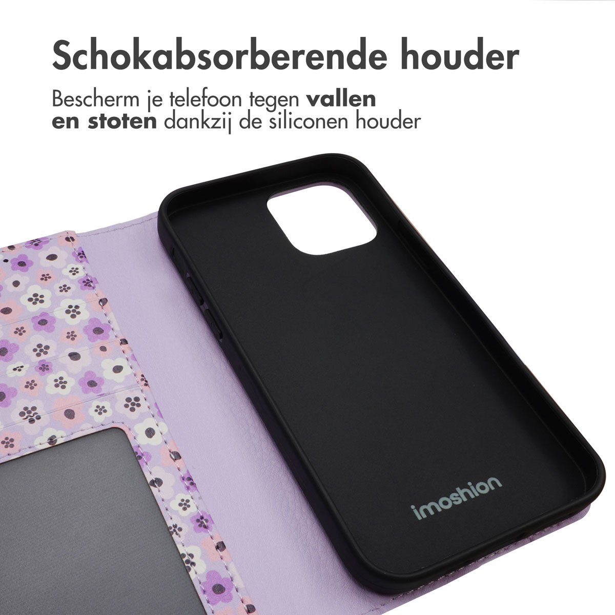 Een paarse telefoonhoes met bloemenpatroon en zwarte binnenzijde.