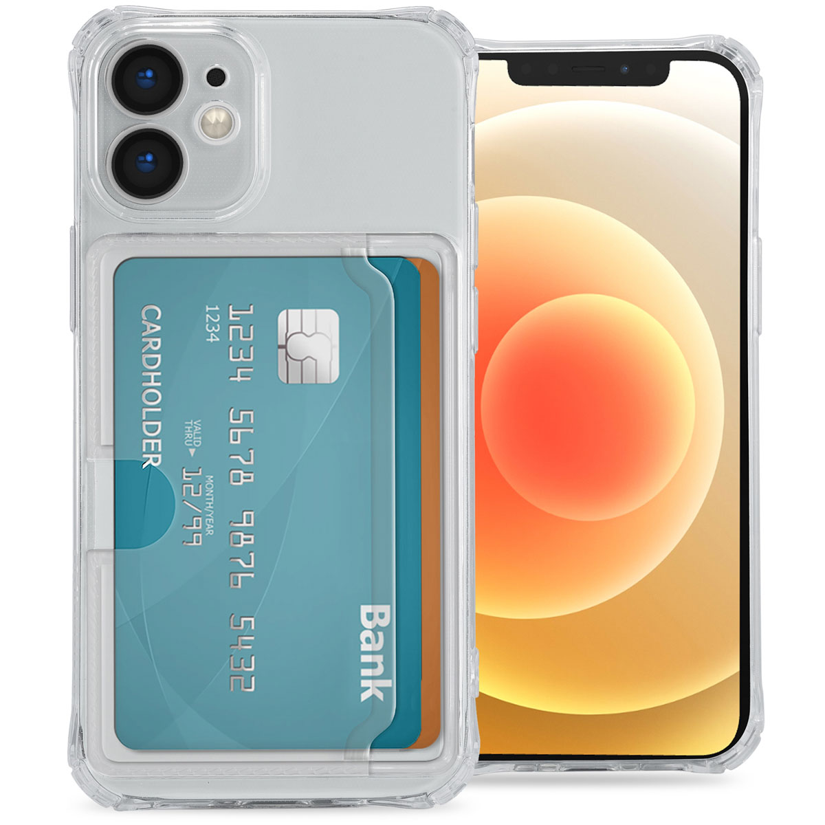 Coque transparente avec porte-cartes et carte de crédit. Téléphone à droite.