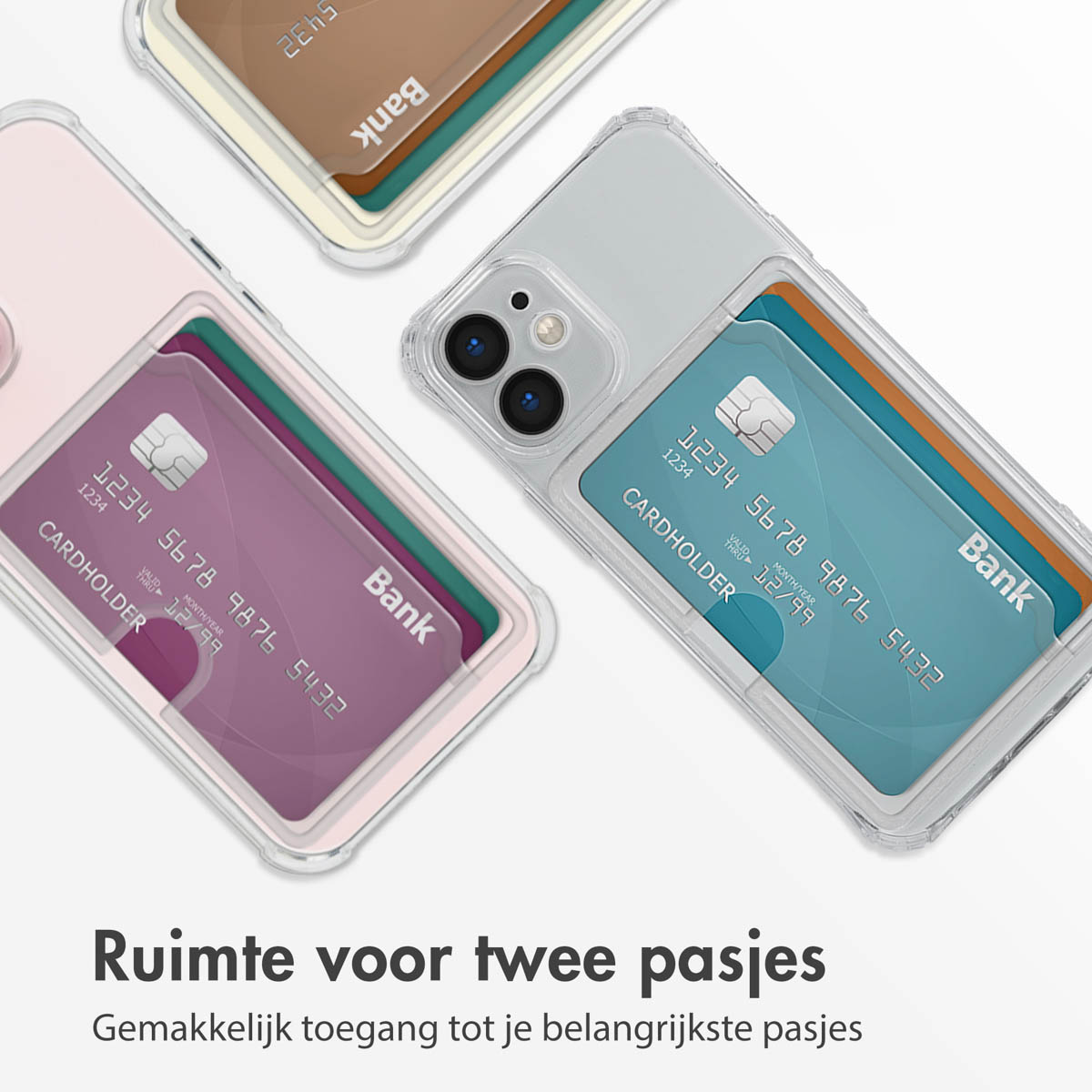 Trois téléphones dans des coques transparentes avec des cartes de crédit à l'intérieur sur fond blanc.