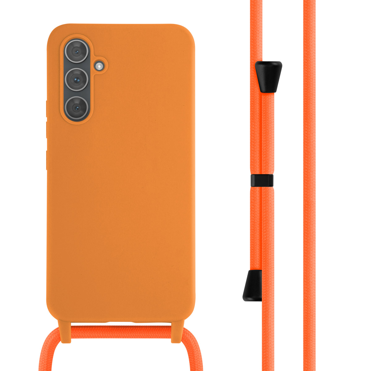 Oranje telefoonhoesje met koord. Telefoon heeft drie camera's.