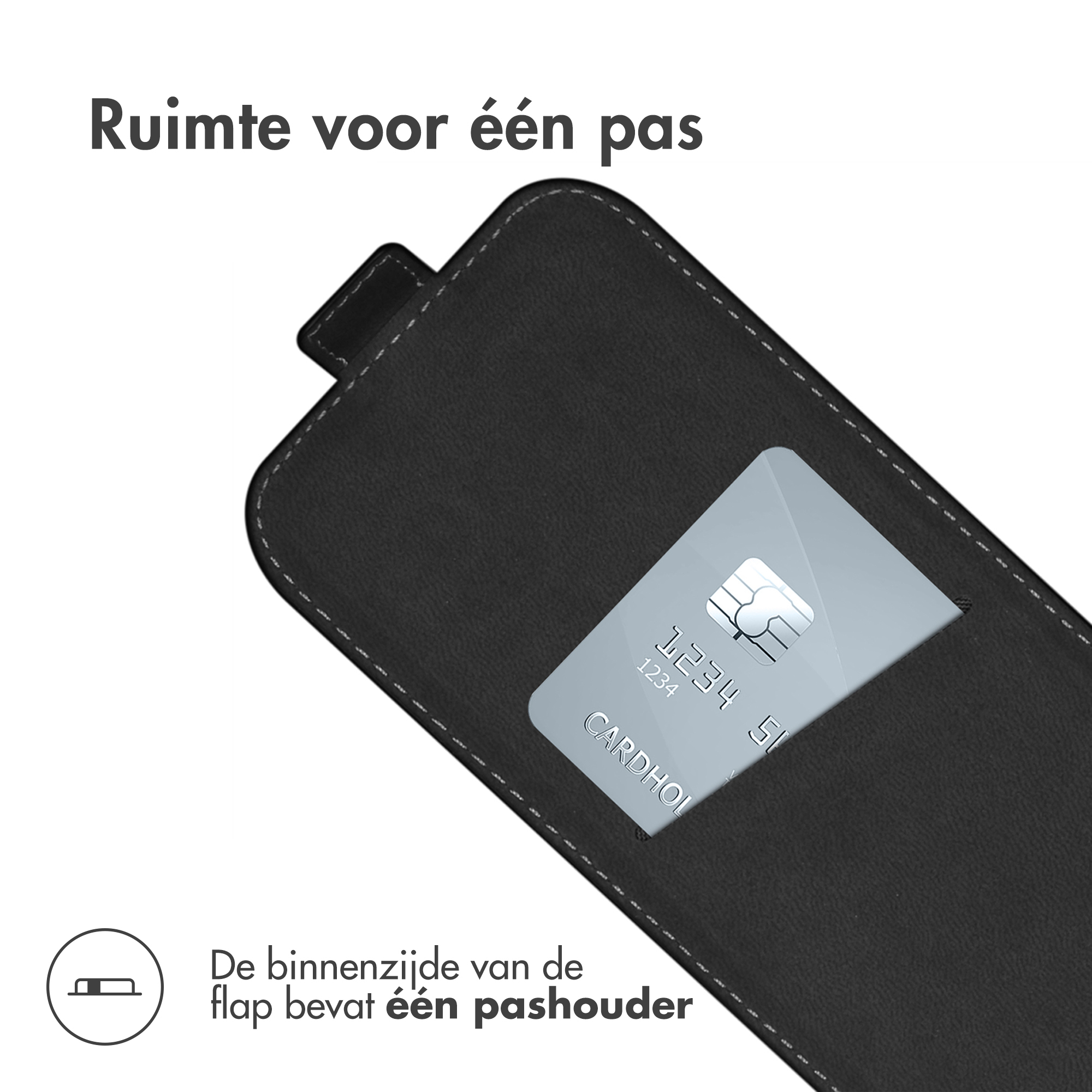 Étui de téléphone noir avec une fente pour carte contenant une carte de crédit. Texte : 'Titulaire de la carte'.
