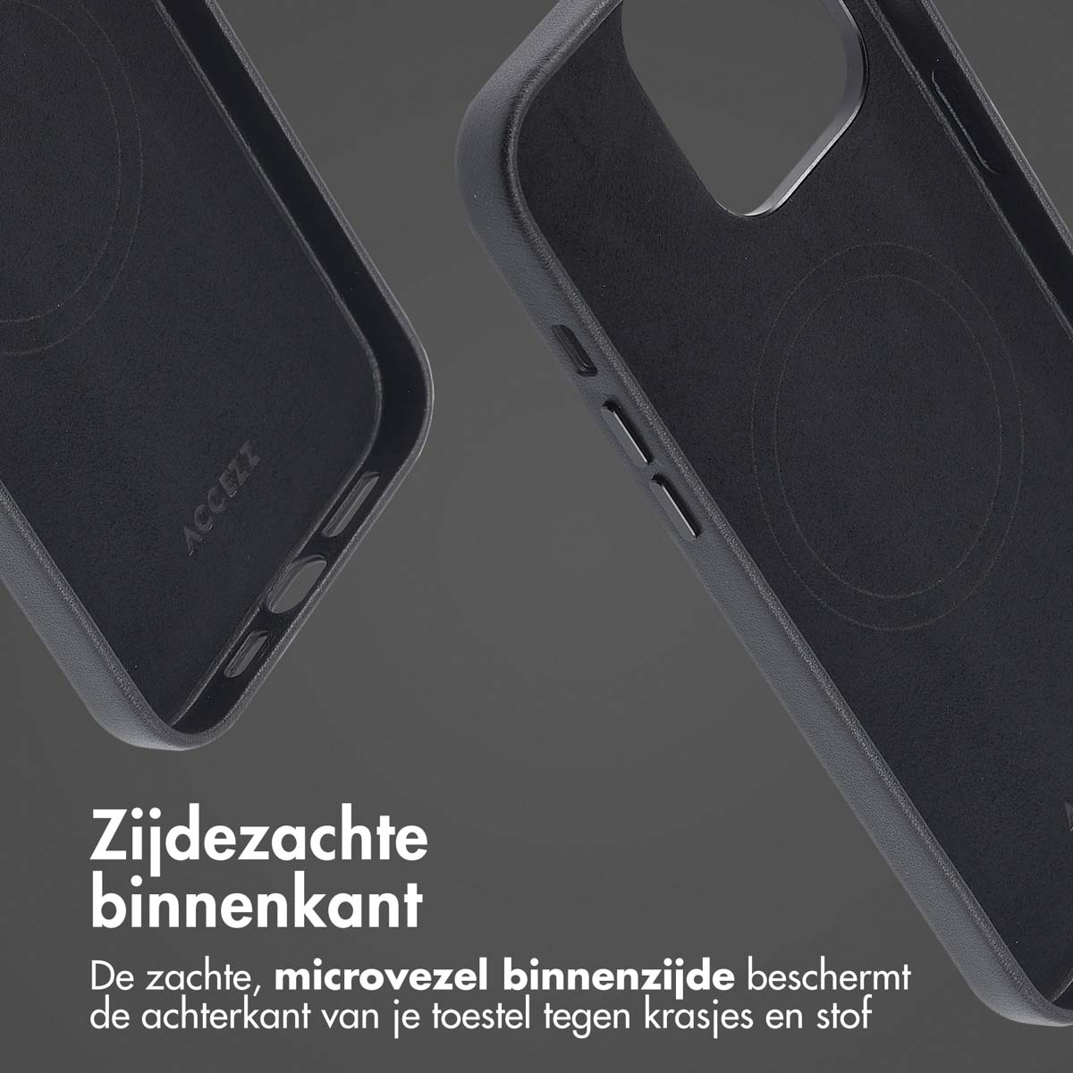 Zwarte telefoonhoes binnenkant. De hoes is voor een iPhone.