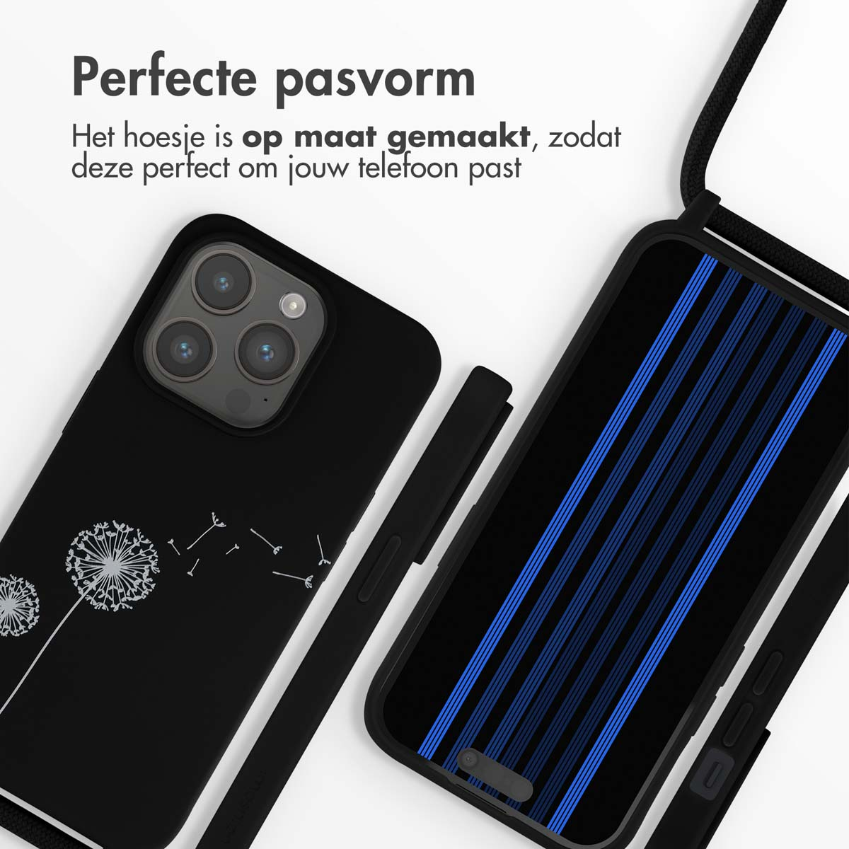 Zwarte telefoonhoesjes, één met een paardenbloemprint en één met blauwe strepen.