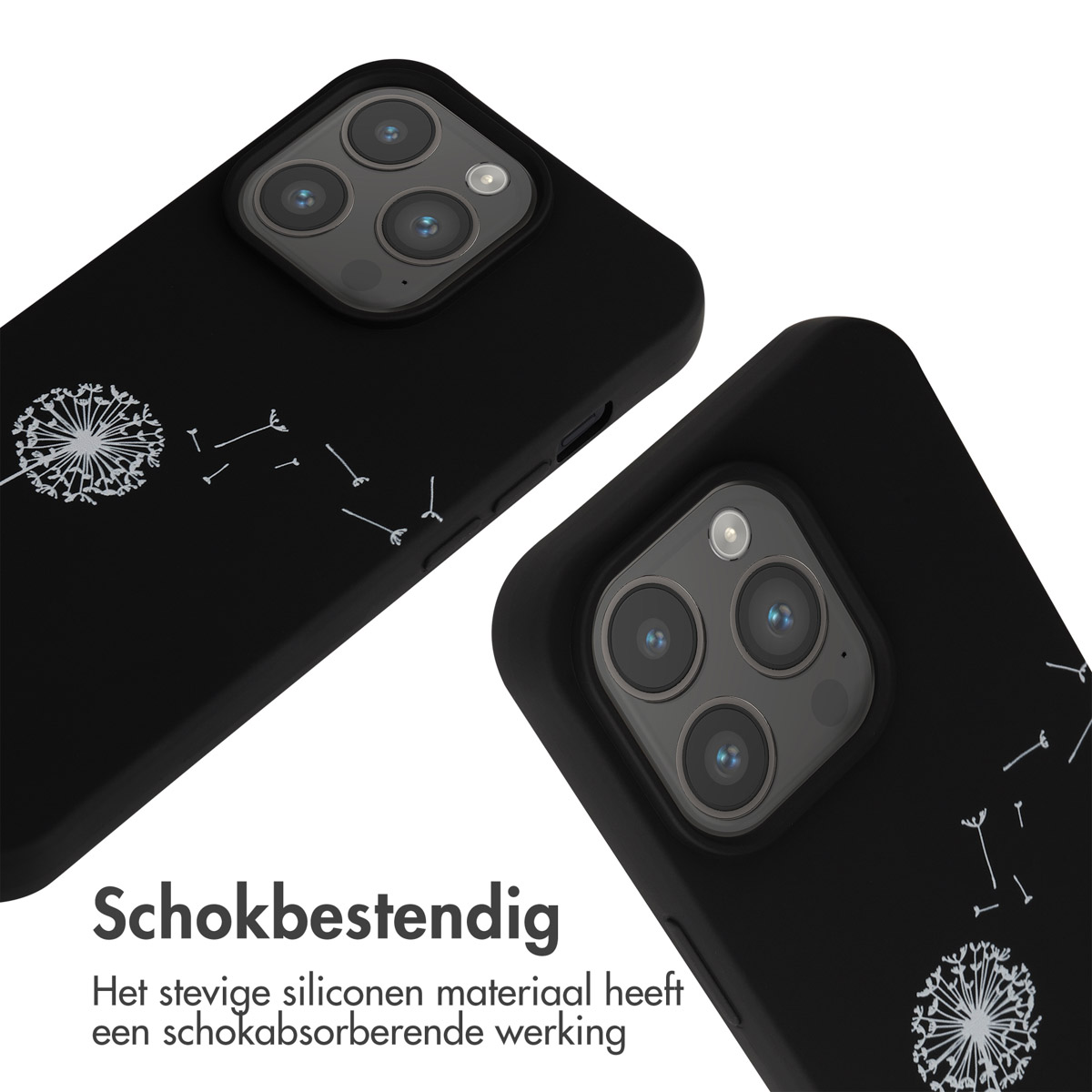 Twee zwarte telefoonhoesjes met paardenbloem design en cameralenzen.