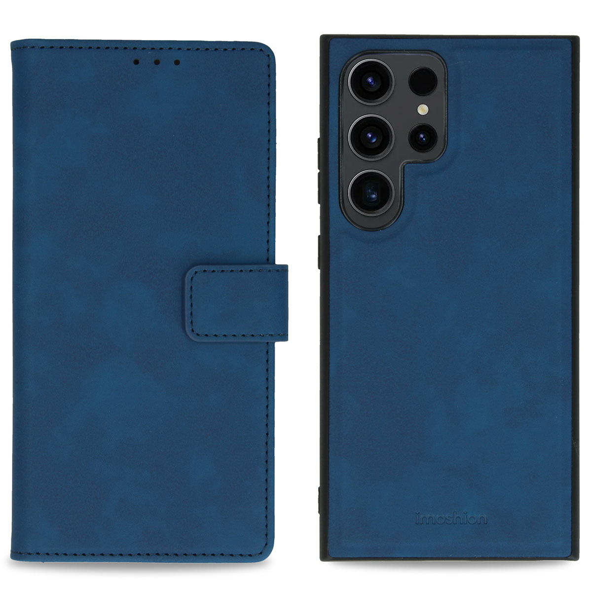 Een blauwe leren telefoonhoes, open en dicht, met de camera's en knoppen van de telefoon.