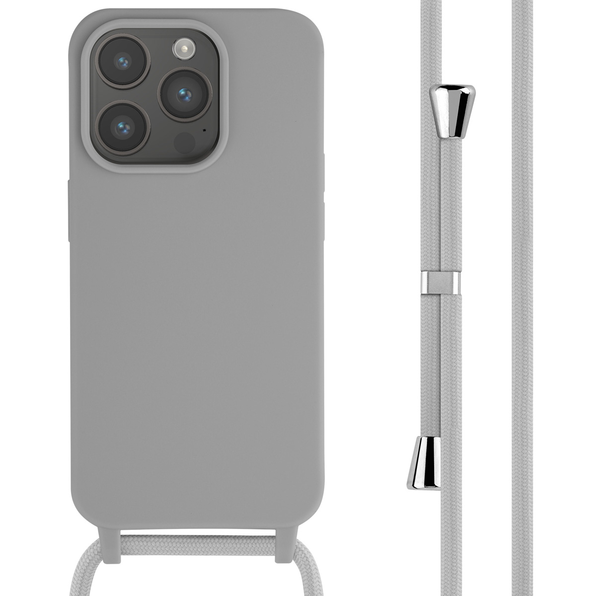 Grijze telefoonhoes met grijze lanyard en zilveren accenten, tegen een witte achtergrond.