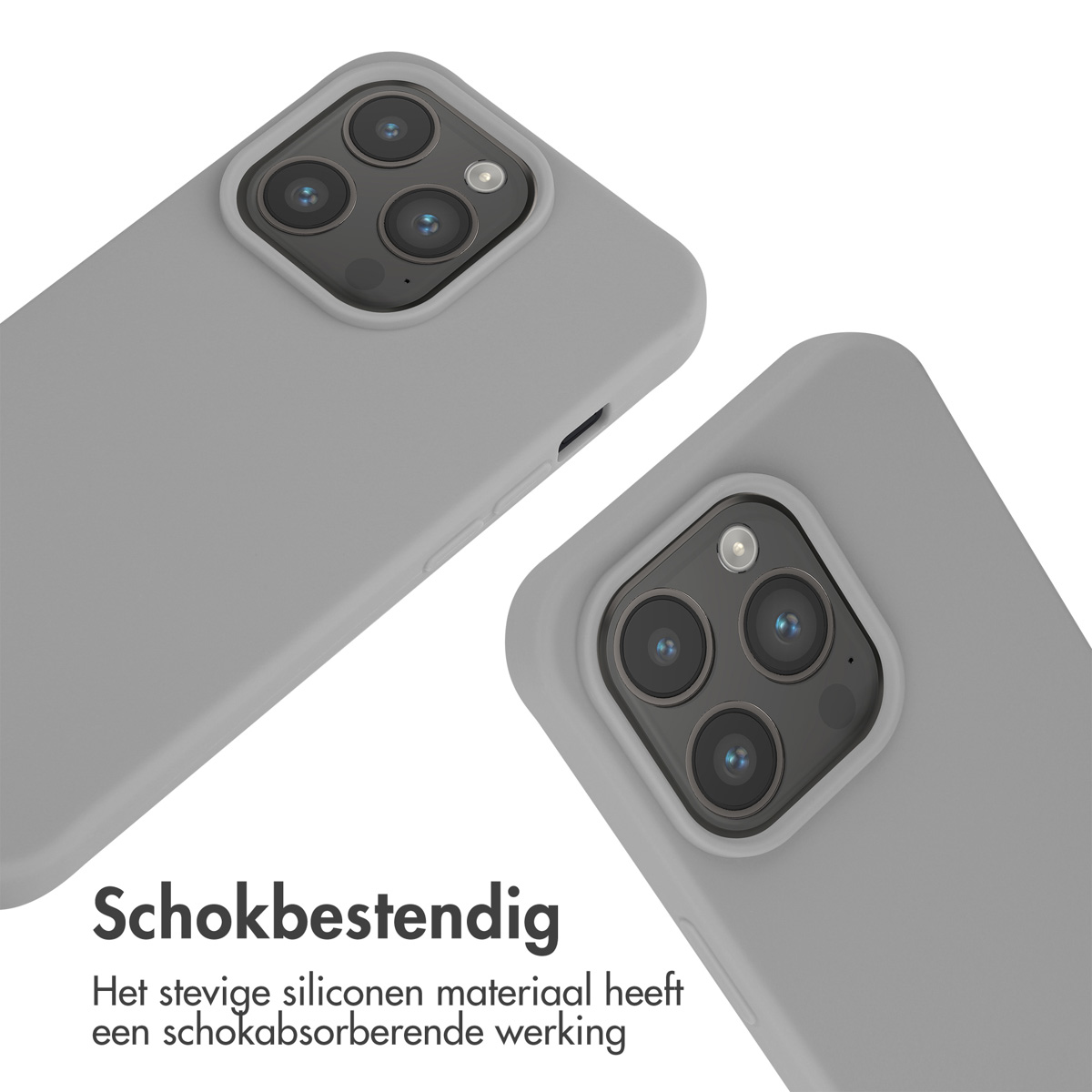 Twee grijze telefoonhoesjes met camerasystemen, geïsoleerd op wit.