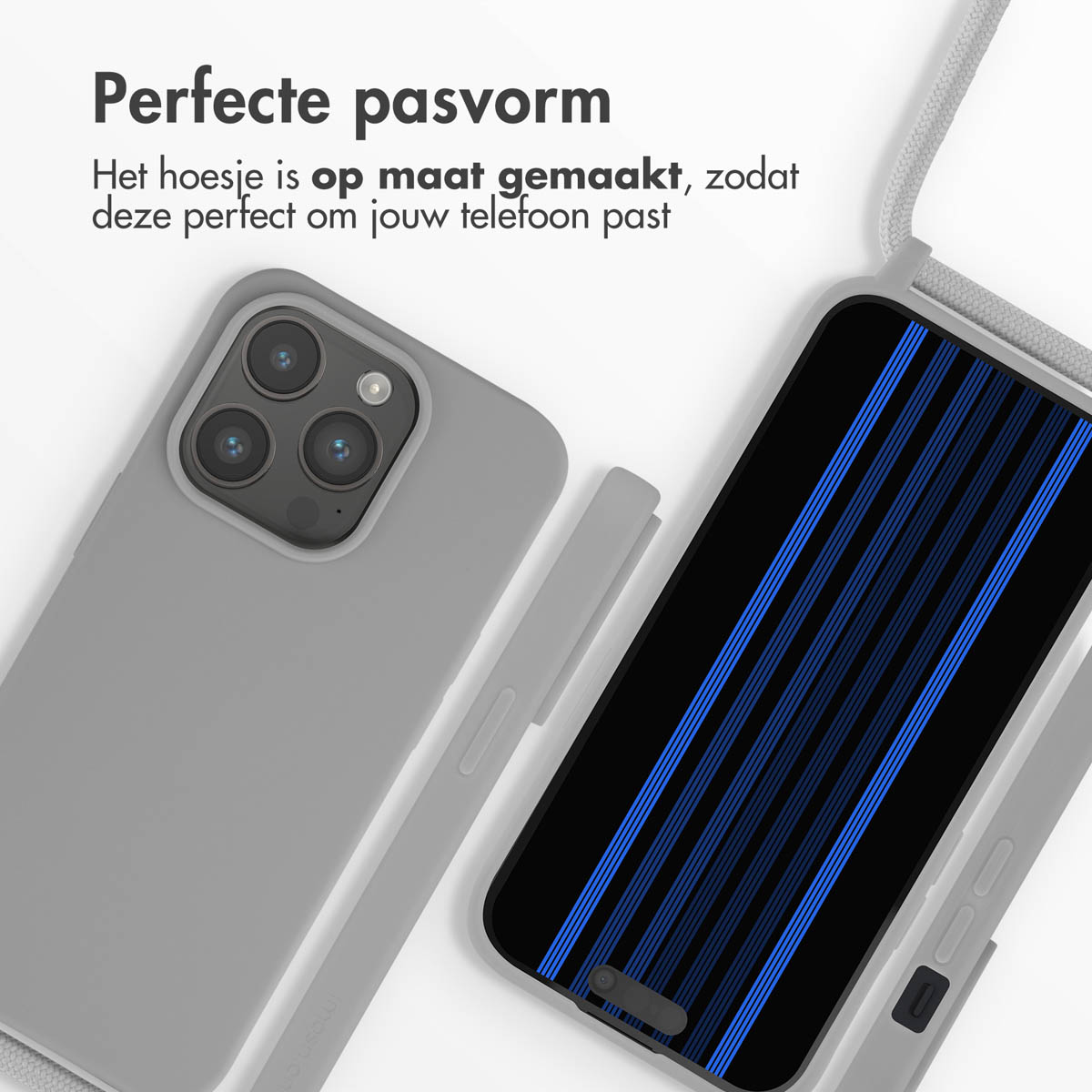 Grijze telefoonhoes en een smartphone met blauwe strepen.