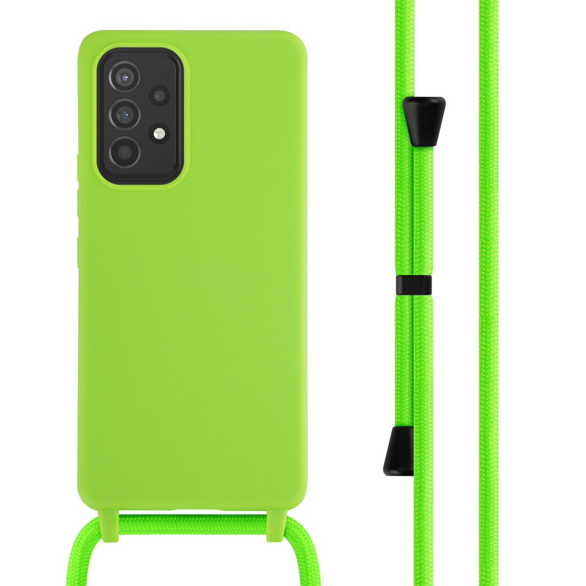 Une coque de téléphone vert vif avec un cordon vert. La coque est à gauche.