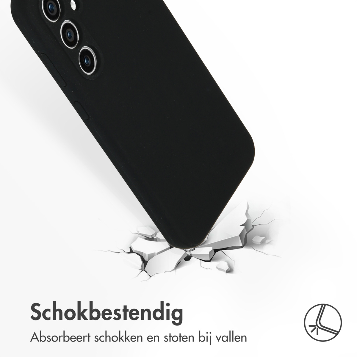 Een zwarte telefoonhoes valt en barst een oppervlak. Tekst: 'schokbestendig'.