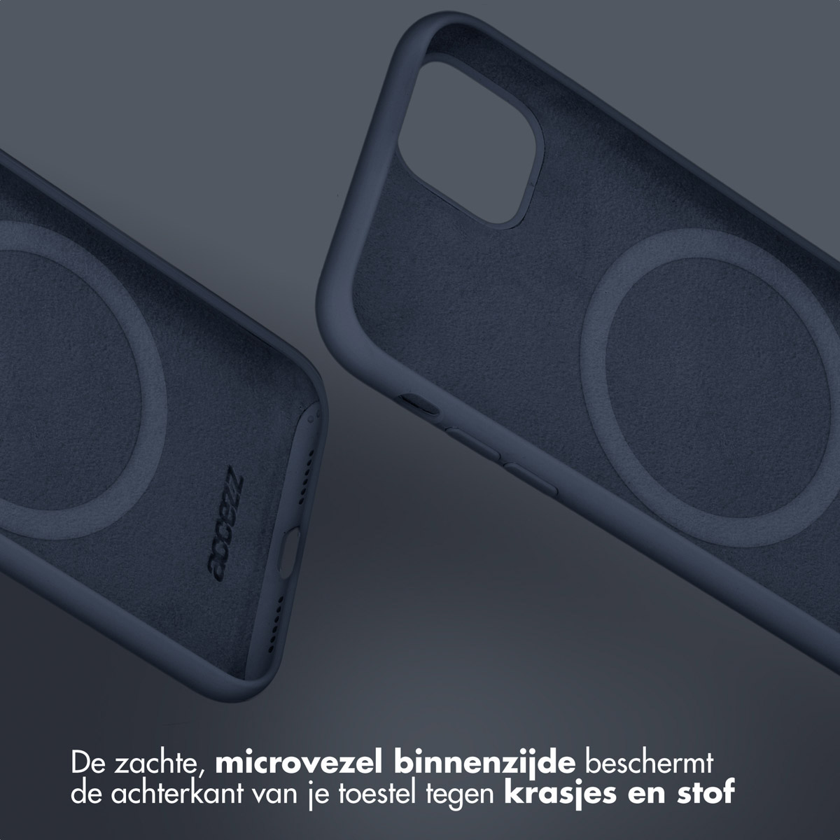 Zwei blaue Handyhüllen mit Text auf Niederländisch.