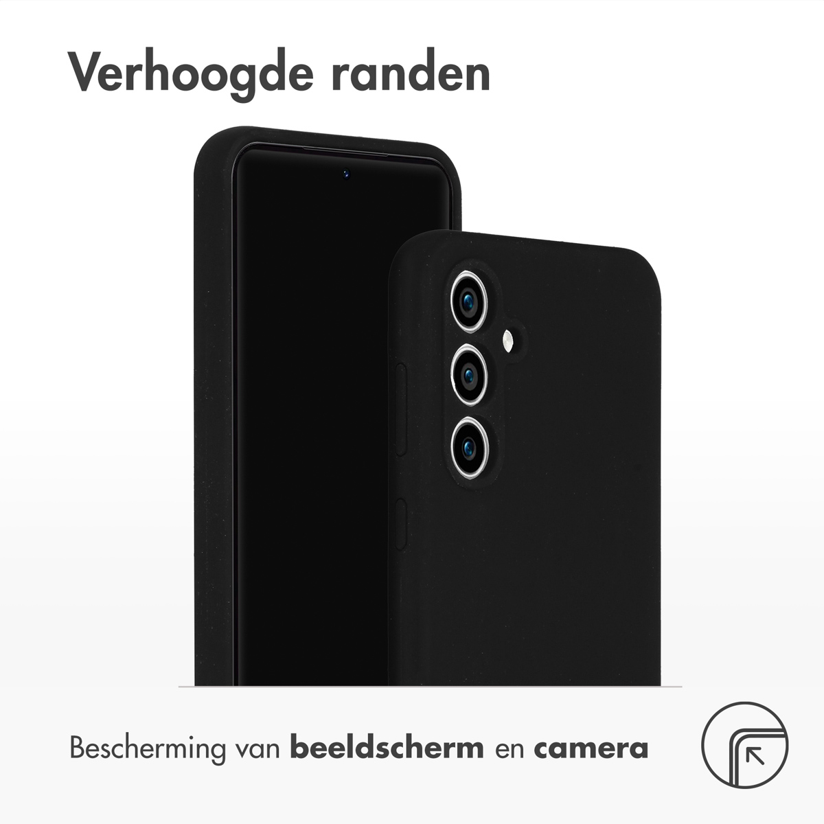 Er worden twee zwarte telefoonhoesjes getoond, één bedekt de achterkant van de telefoon, de andere het scherm.