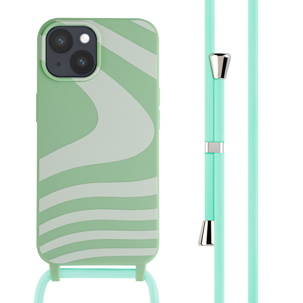 A close-up of a phone case with a lanyard. The case is green and has a wave design.