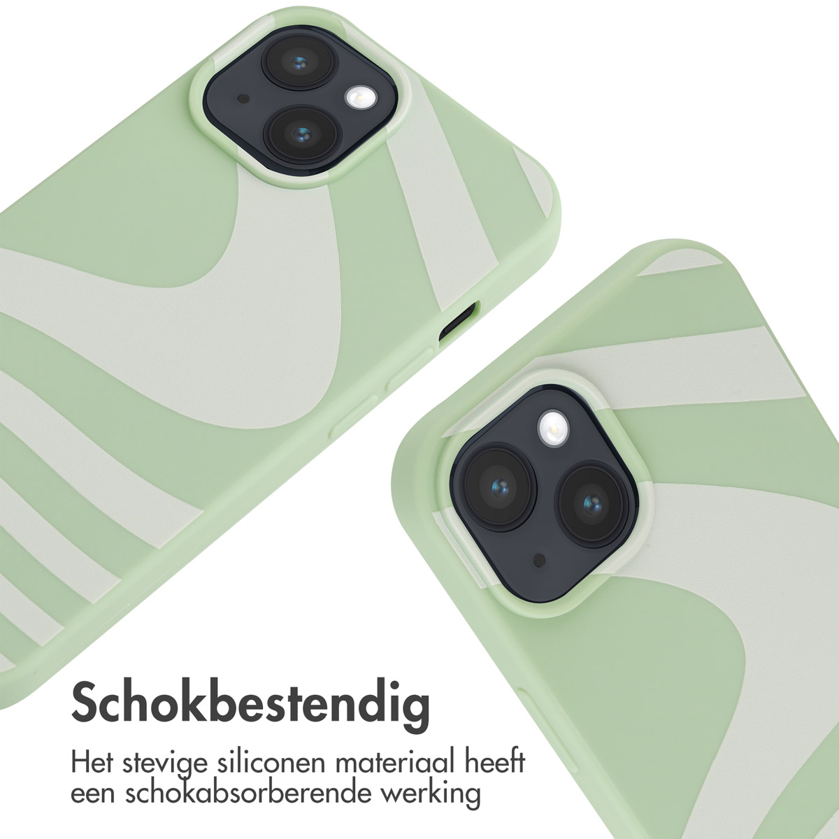 Two light green phone cases with white wavy pattern and camera cutout.