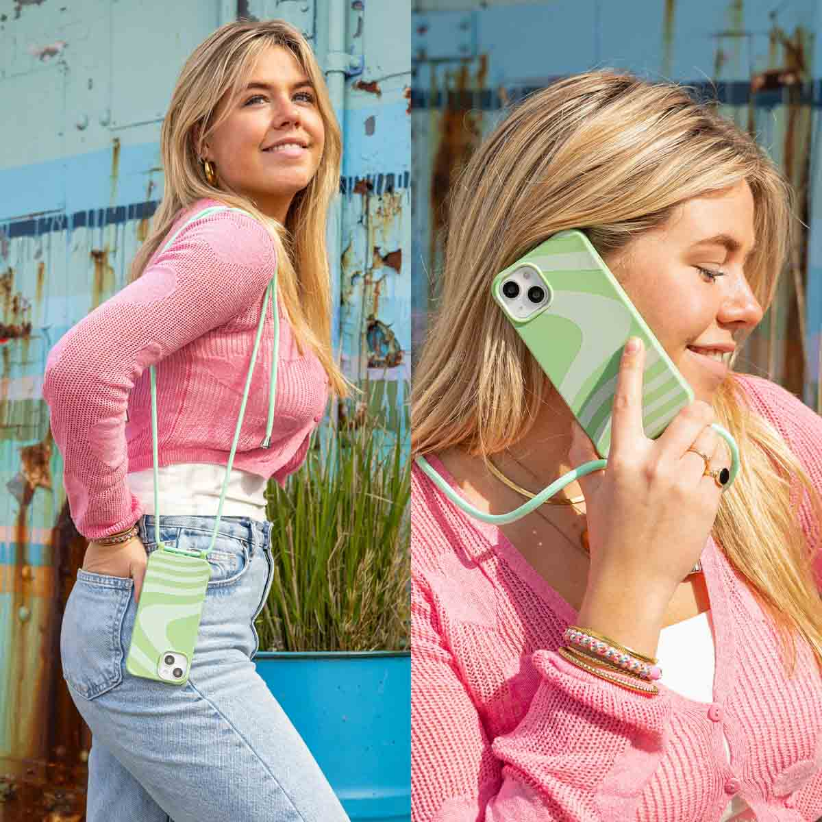 Blonde Frau hält ein Telefon mit einer grün-weißen Handyhülle und einem passenden Riemen.