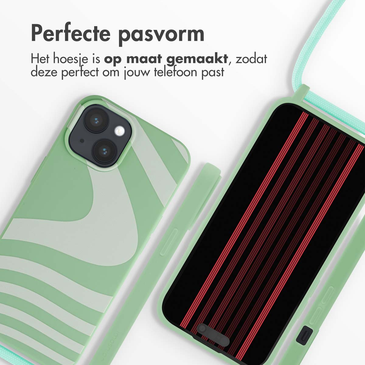 Green phone case with wave pattern next to phone with red stripes.