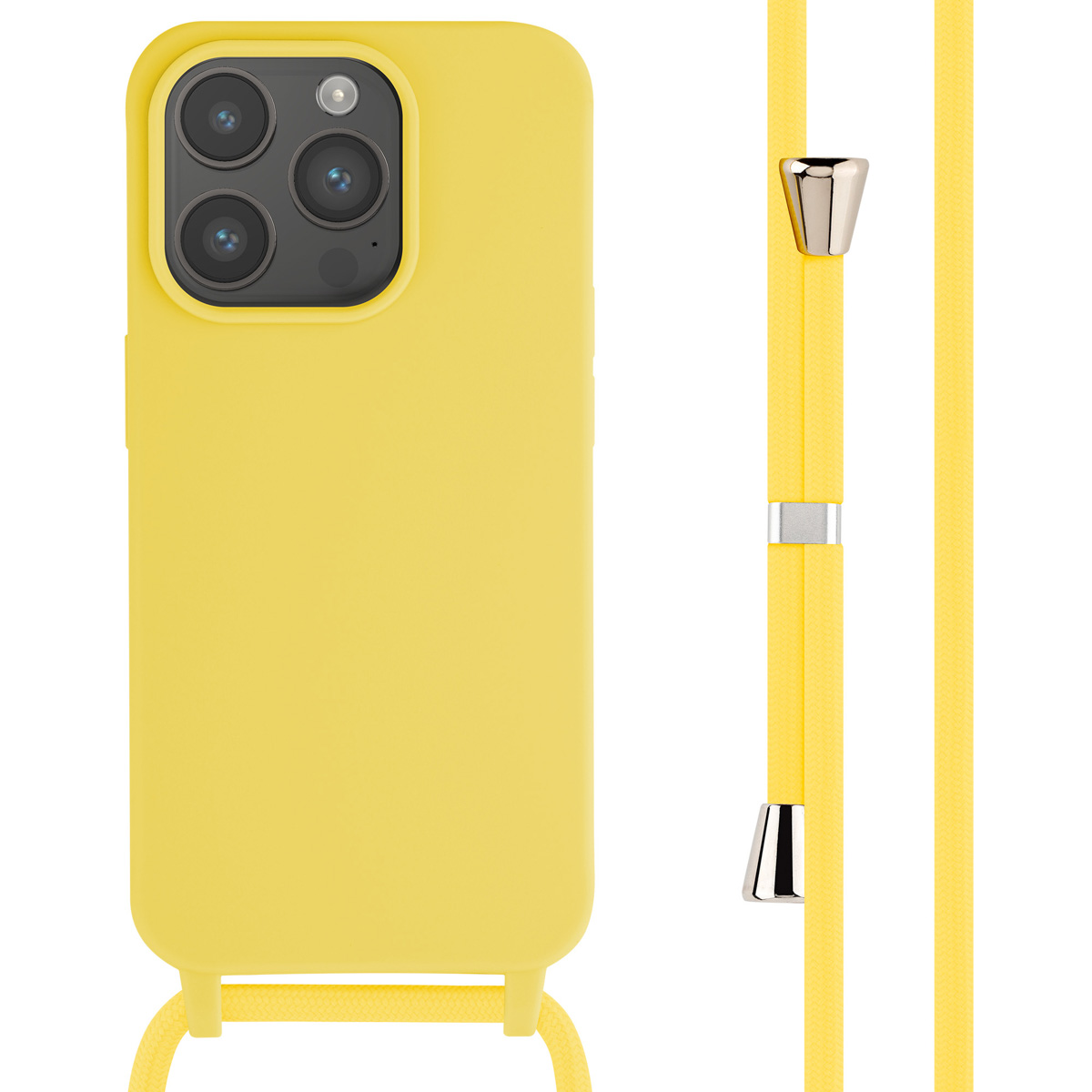 Een gele telefoonhoes met een riem wordt getoond. De telefoon zit in de hoes.