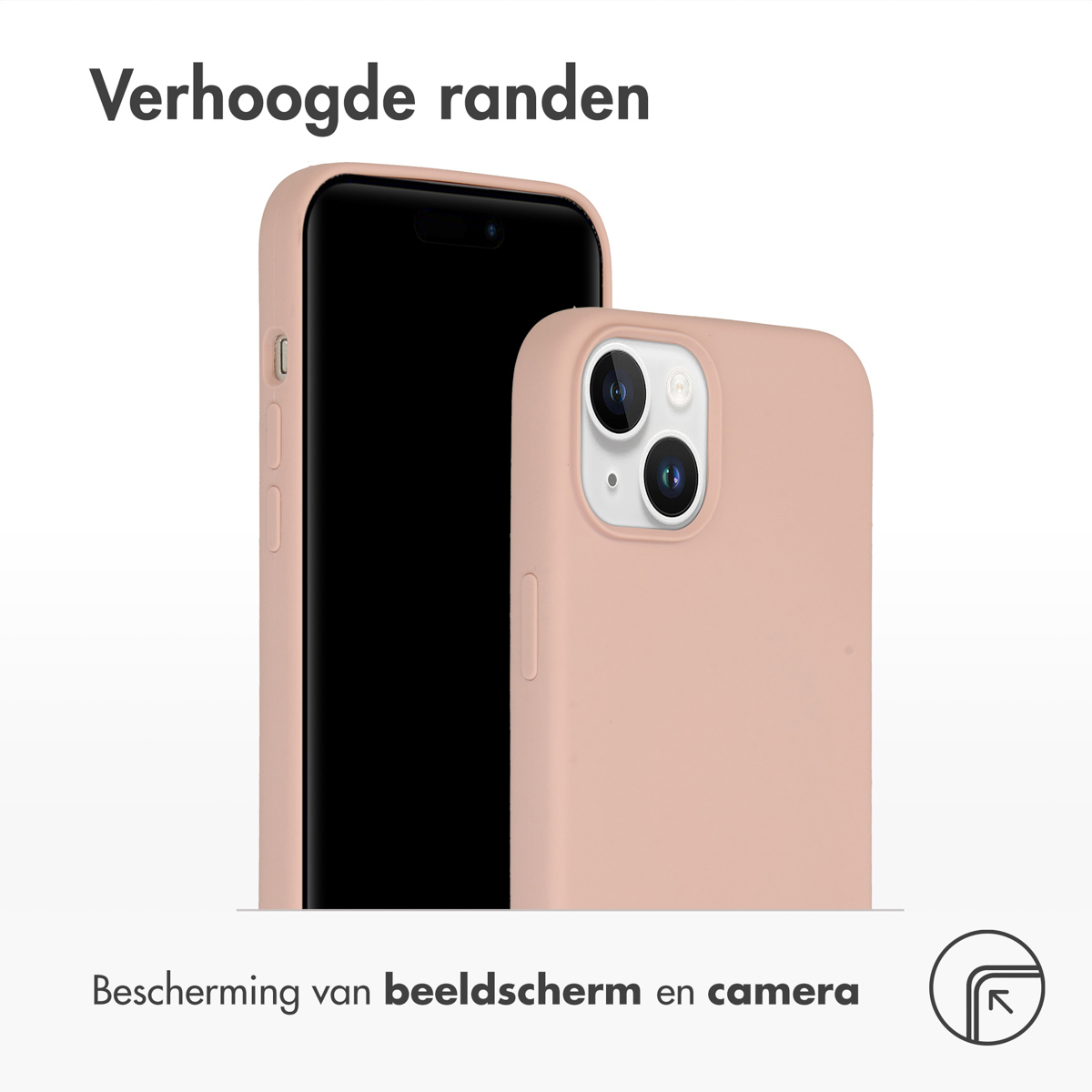Twee roze telefoonhoesjes, de ene op de andere. De tekst zegt: verhoogde randen.