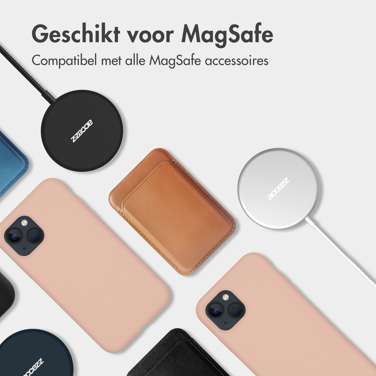 Verschiedene Telefon-Zubehörteile, darunter Hüllen, Ladegeräte und Pads.