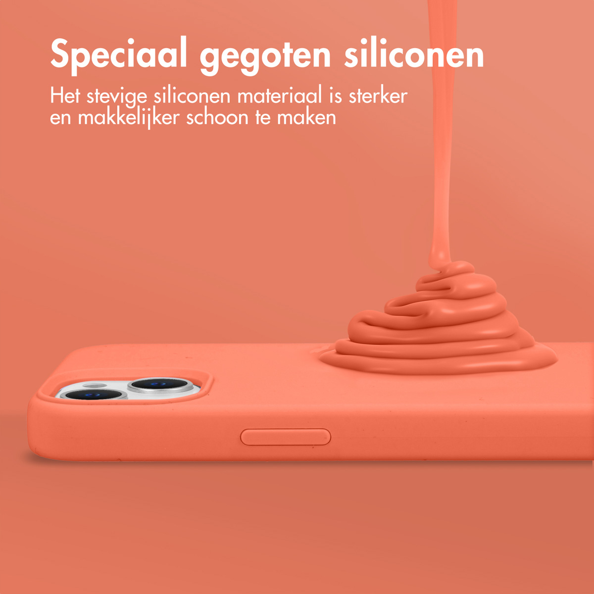 Pfirsichfarbenes Silikon wird auf eine Handyhülle gegossen. Text über die Hülle.