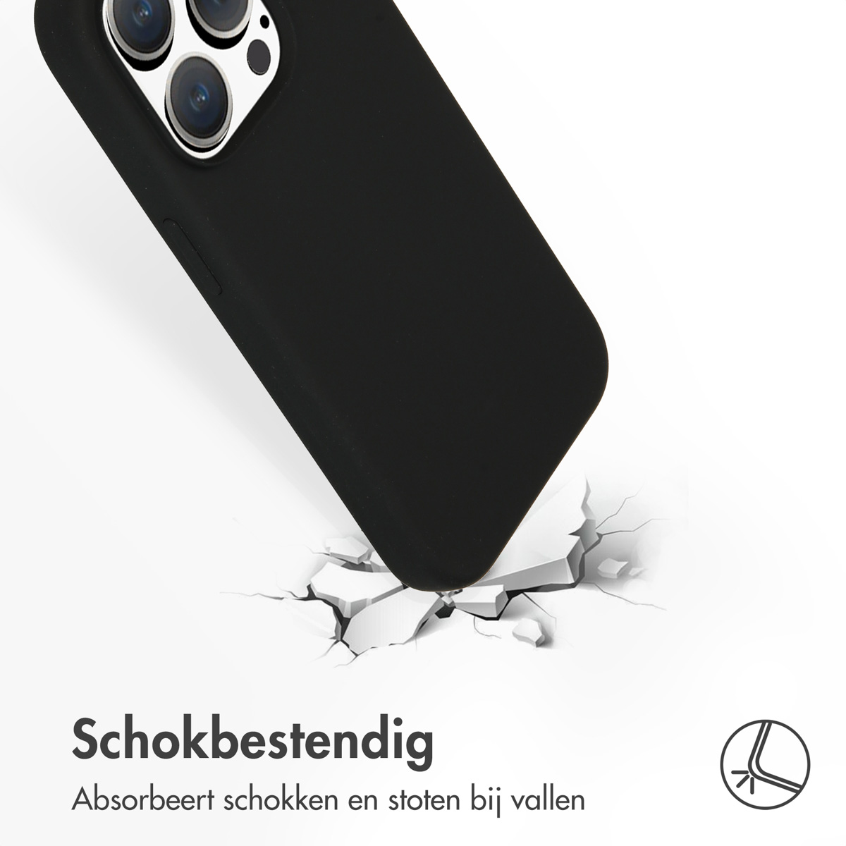 Schwarze Handyhülle knackt Beton. Text 'Stoßfest' darunter, mit kleinem Icon.