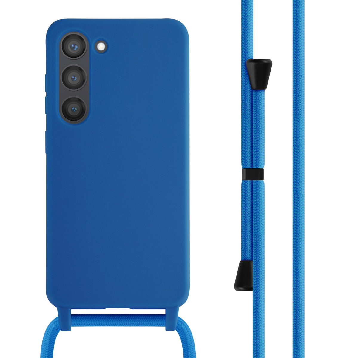 Blauwe telefoonhoes met een blauw koord. Zwarte verstellers op het koord. Witte achtergrond.