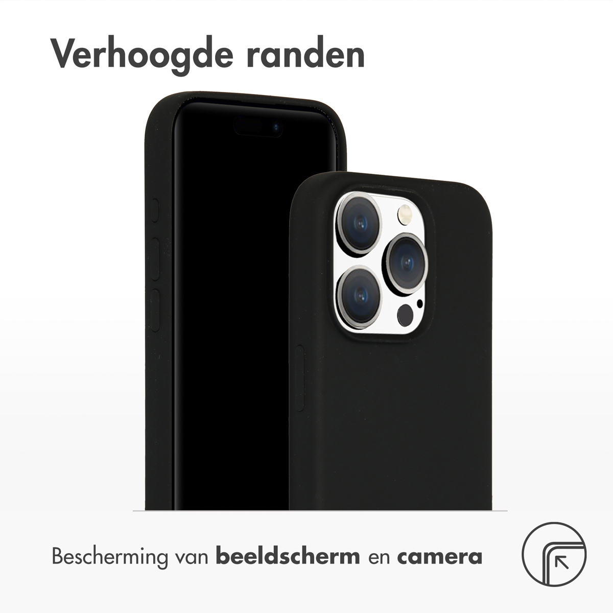 Schwarze Handyhüllen, die erhöhte Kanten für Bildschirm- und Kameraschutz zeigen, auf Weiß.